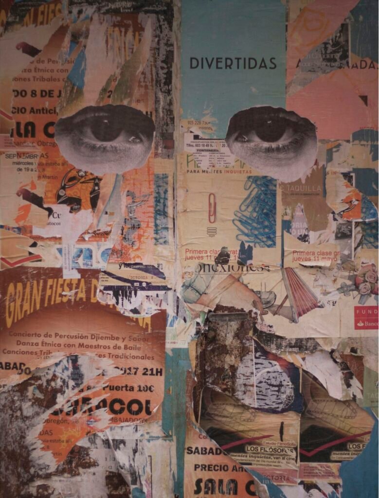 Collage of torn Spanish-language street posters for dances and fiestas, with a pair of watchful eyes cut from a photograph.