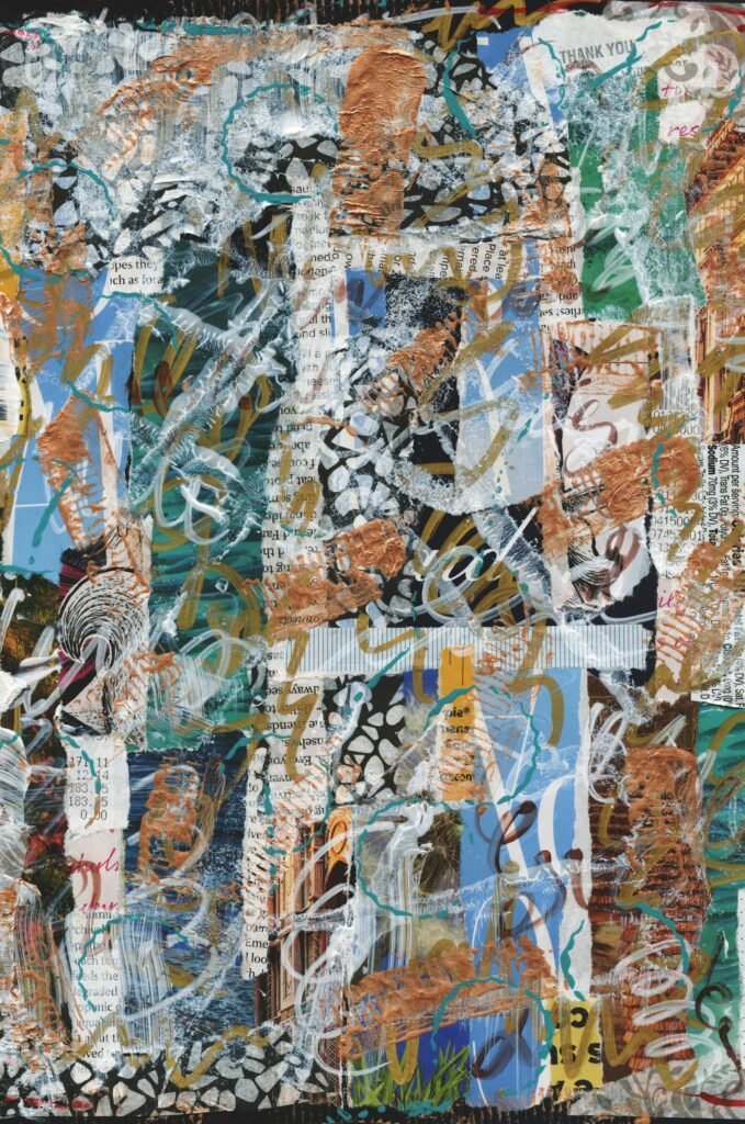 Dense, colorful collage of overlapping scraps, scribbled lines and fragments of faces and patterns.