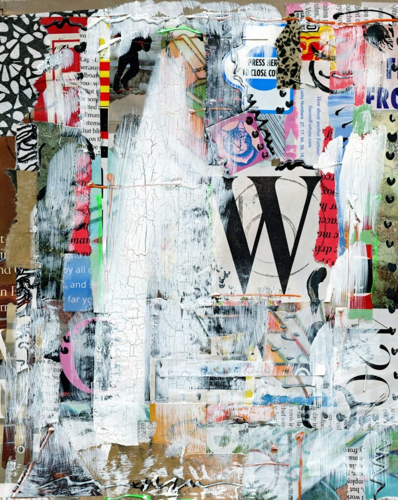 Large collage of torn magazine pages and bold letters, partly painted over with thick white strokes.