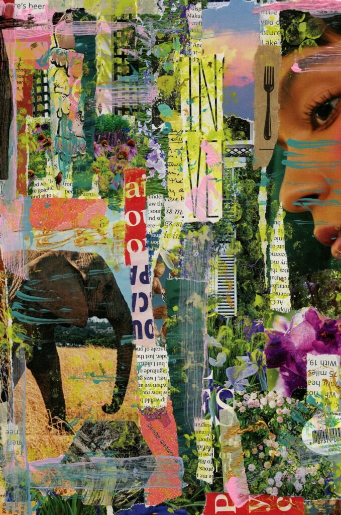 Lush collage of flowers, fields and an elephant beside a woman's face in profile, in greens, yellows and pinks.