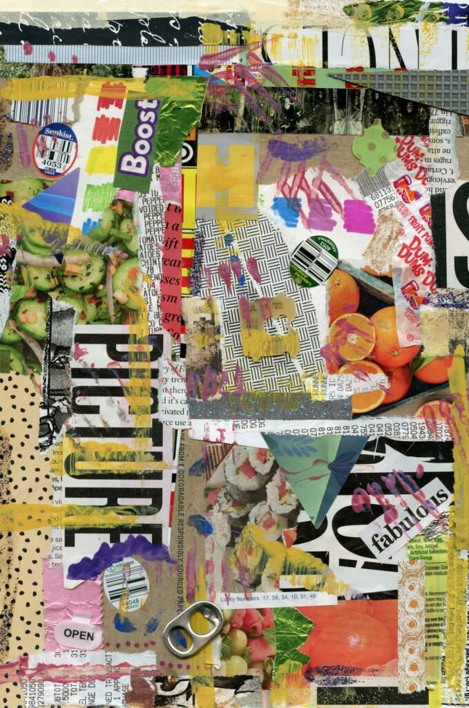 Busy collage of magazine fragments, bold lettering, fruit and patterned scraps in bright colors.