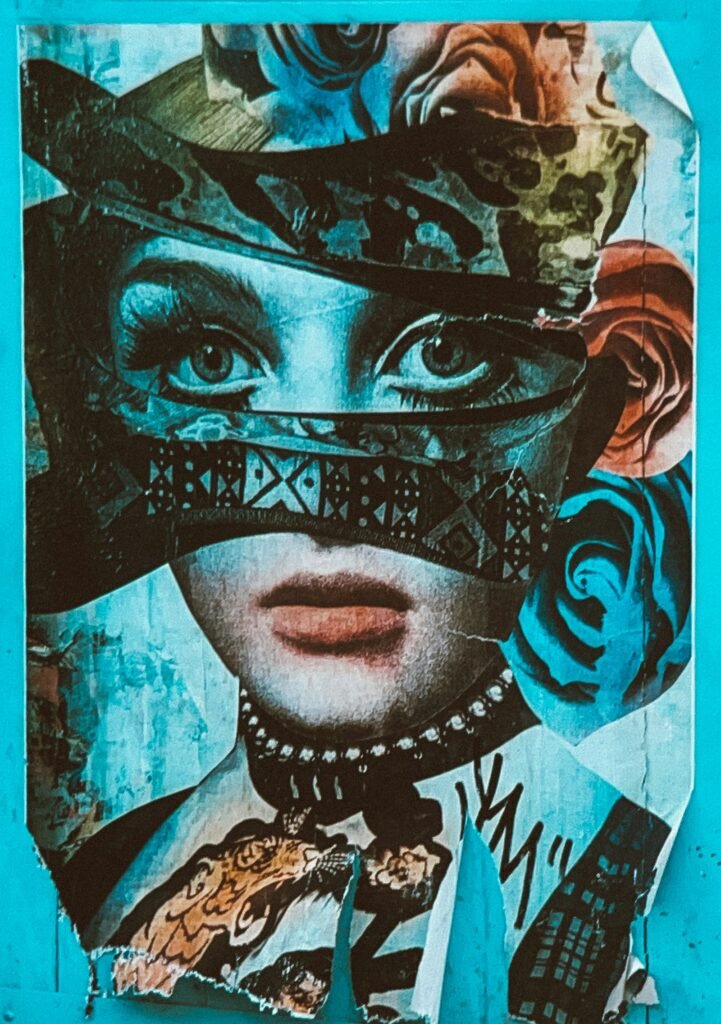 Portrait collage of a woman's face on bright turquoise, crossed by black patterned strips and framed by roses.