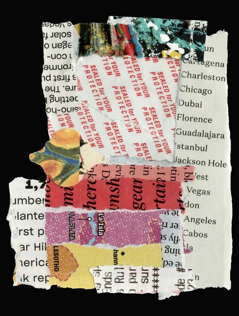 Stack of torn paper strips on black, printed with city names from Guadalajara and Istanbul to Las Vegas and Los Cabos.