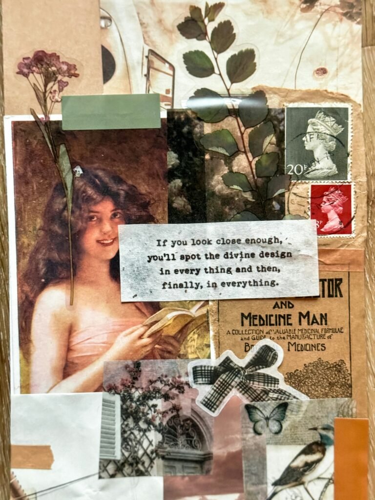 Vintage collage of a woman reading, pressed botanicals, postage stamps and a typed note about divine design.