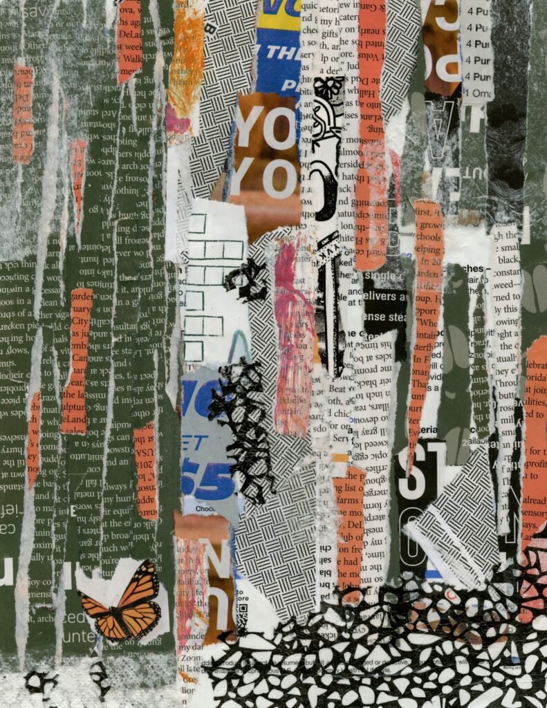 Vertical strips of newsprint, orange and green paper and black-and-white pattern, with a single monarch butterfly.